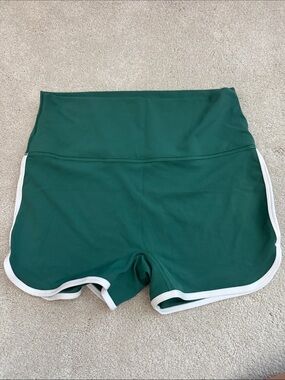 Athleta High-Waist Green Women’s Athletic Shorts with White Trim